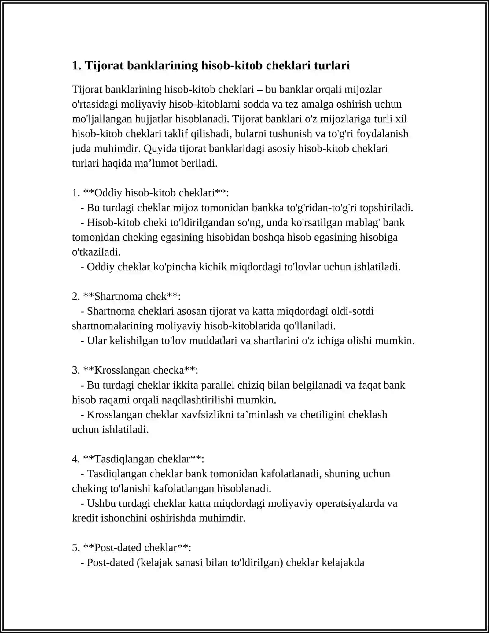 TIJORAT BANKLARINING HISOB-KITOB CHEKLARI BILAN HISOB-KITOBLAR QILISH VA ULARNING HISOBINI YURITISH 3