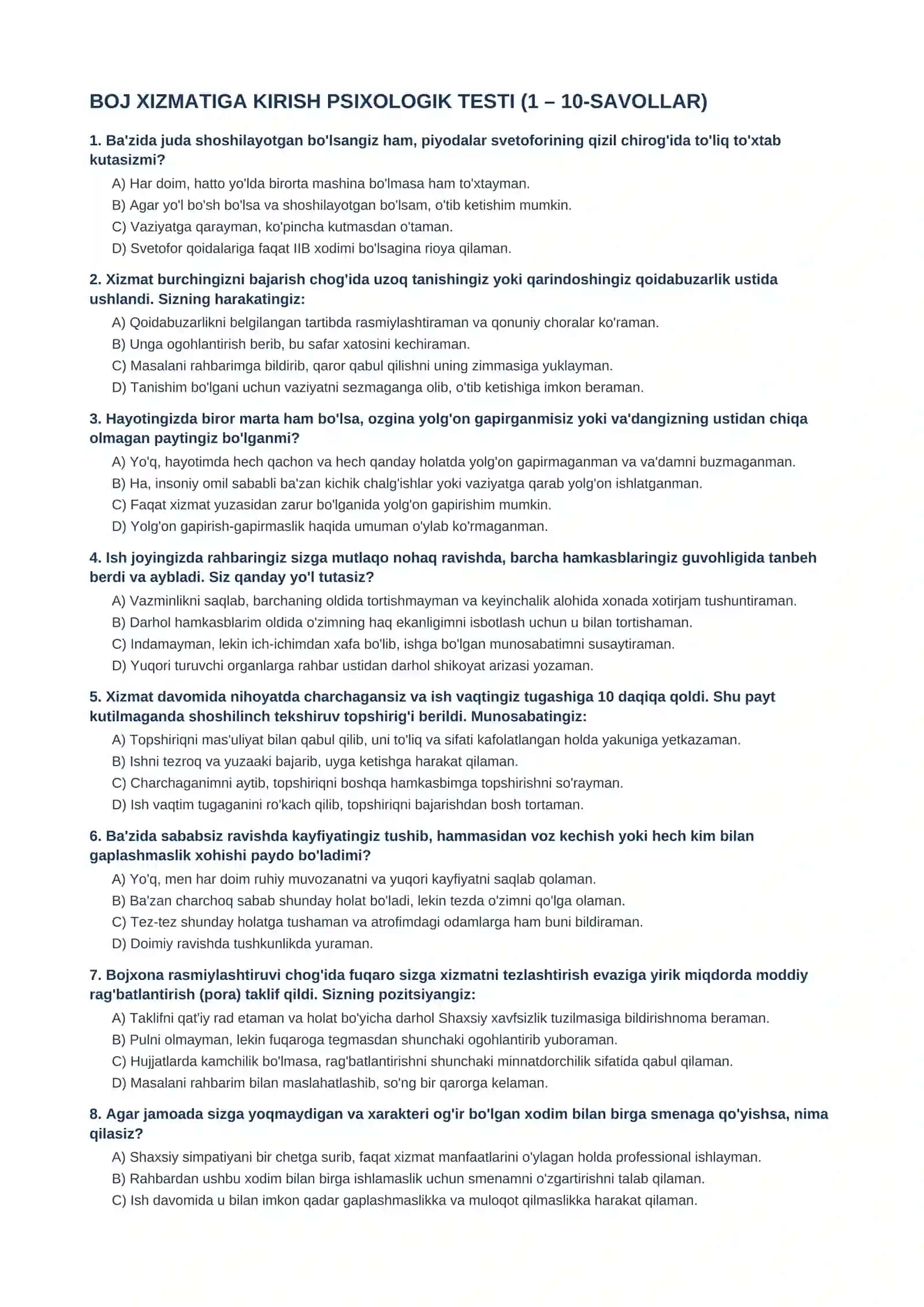 Bojxonaga Psixologik tayyorgarlik testi 2026 3