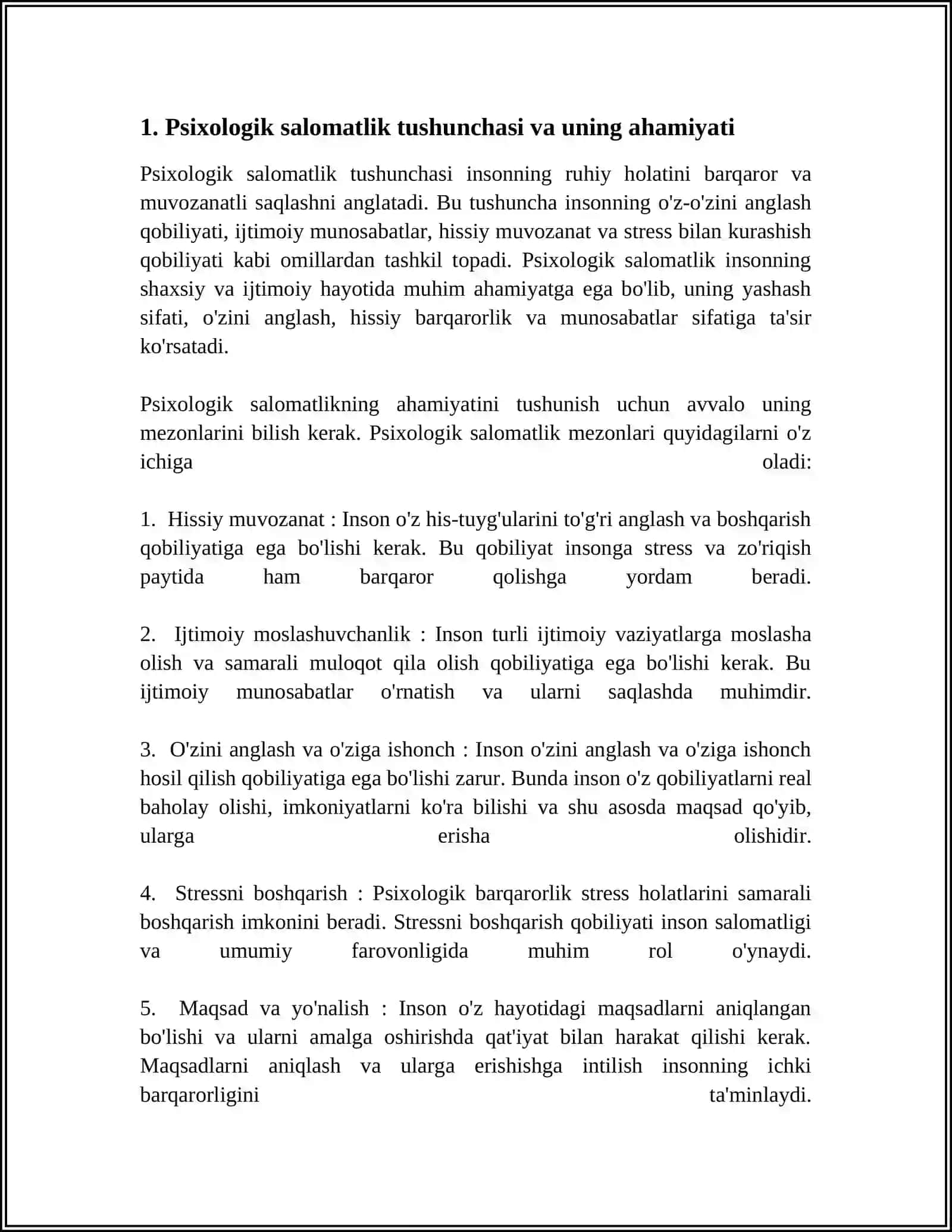 SHAXSIY SALOMATLIKNI TA"MINLOVCHI ZARUR PSIXOLOGIK OMILLAR. PSIXOLOGIK SALOMATLIK MEZONLARI 3