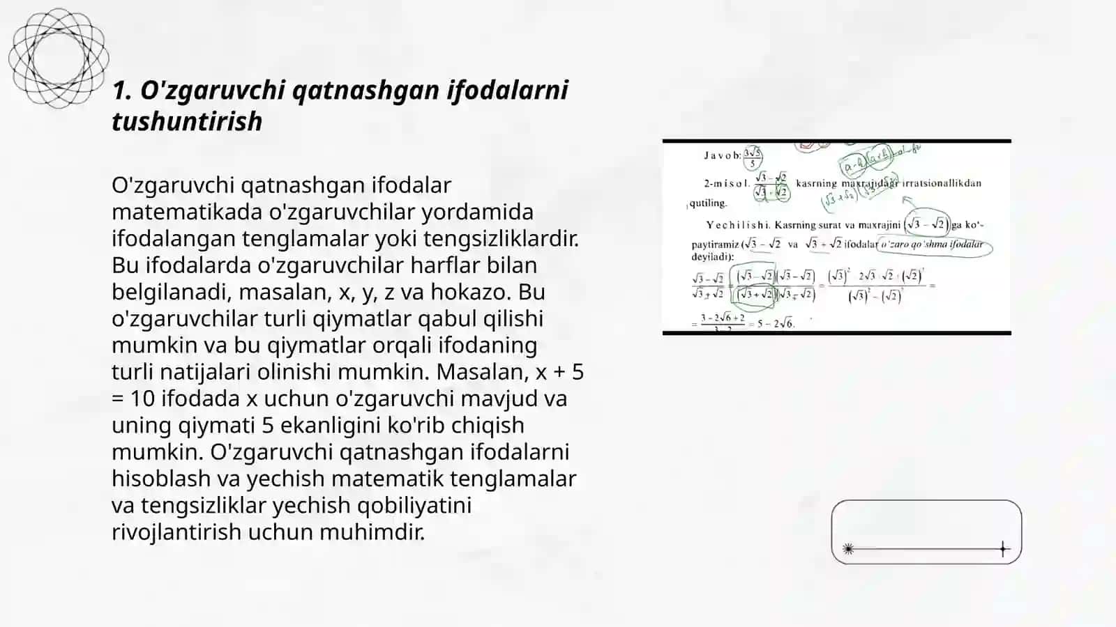 O'zgaruvchi qatnashgan ifoda.Tenglik va tengsizlik Sonli tenglik, tengsizlik va uni yechishga o'rgatish metodikasi 3