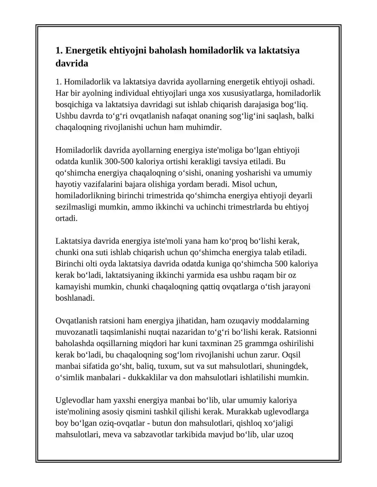 HOMILADOR VA EMIZIKLI AYOLLARNING OVQATLANISH RATSIONINI BAHOLASH 3