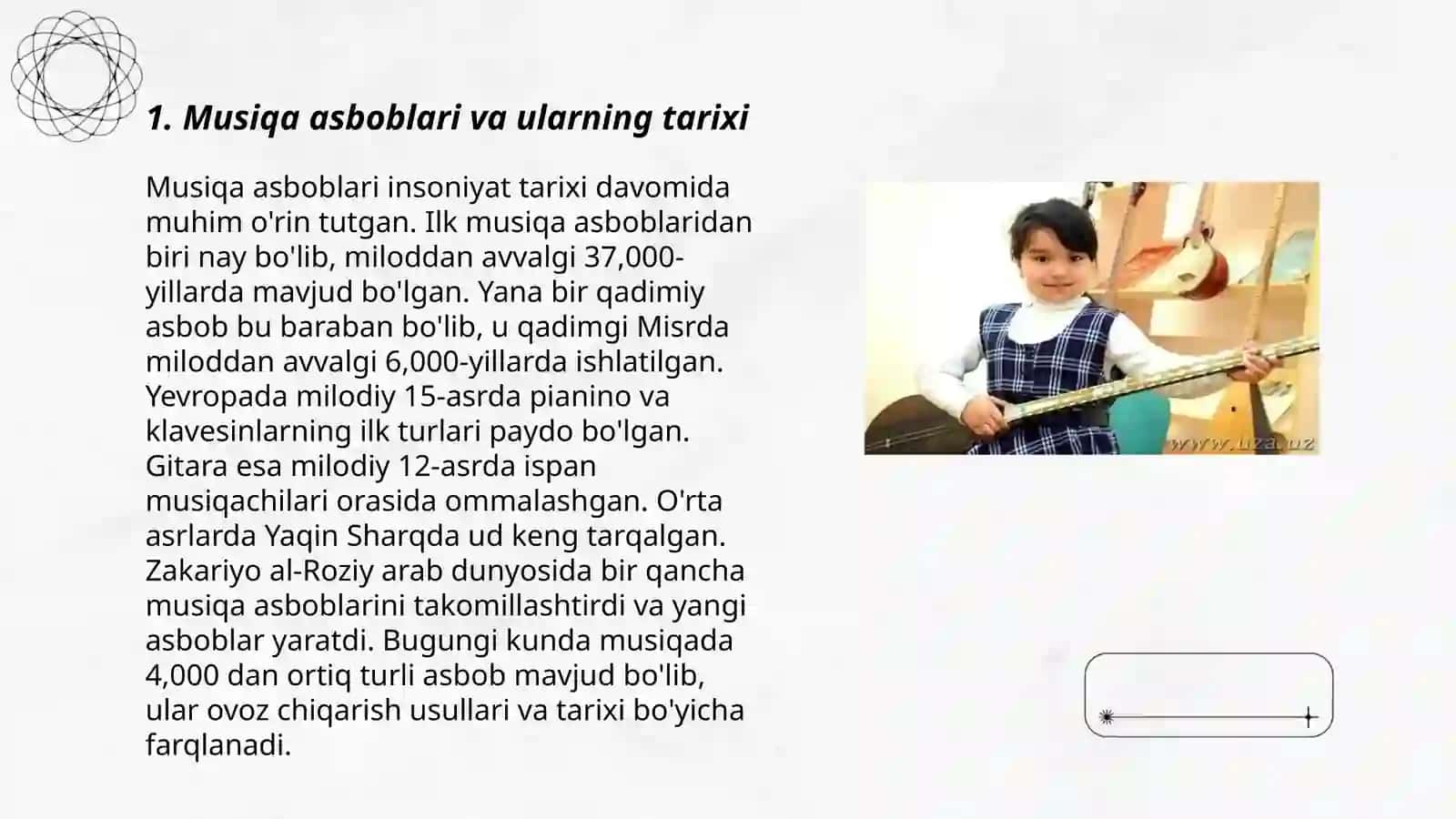 "Ilk qadam" davlat oʻquv dasturi asosida faoliyat markazlarida maktabgacha yoshdagi bolalarni estetik rivojlantirishni tashkil qilish (Musiqa asboblaridan foydalanishga oʻrgatish) 3