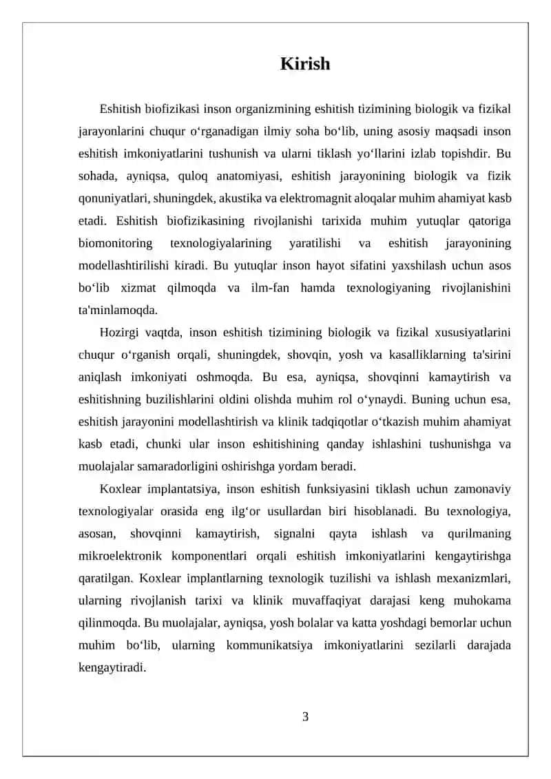 Eshitish biofizikasi elementlari. Koxlear implantatsiya asoslari 3