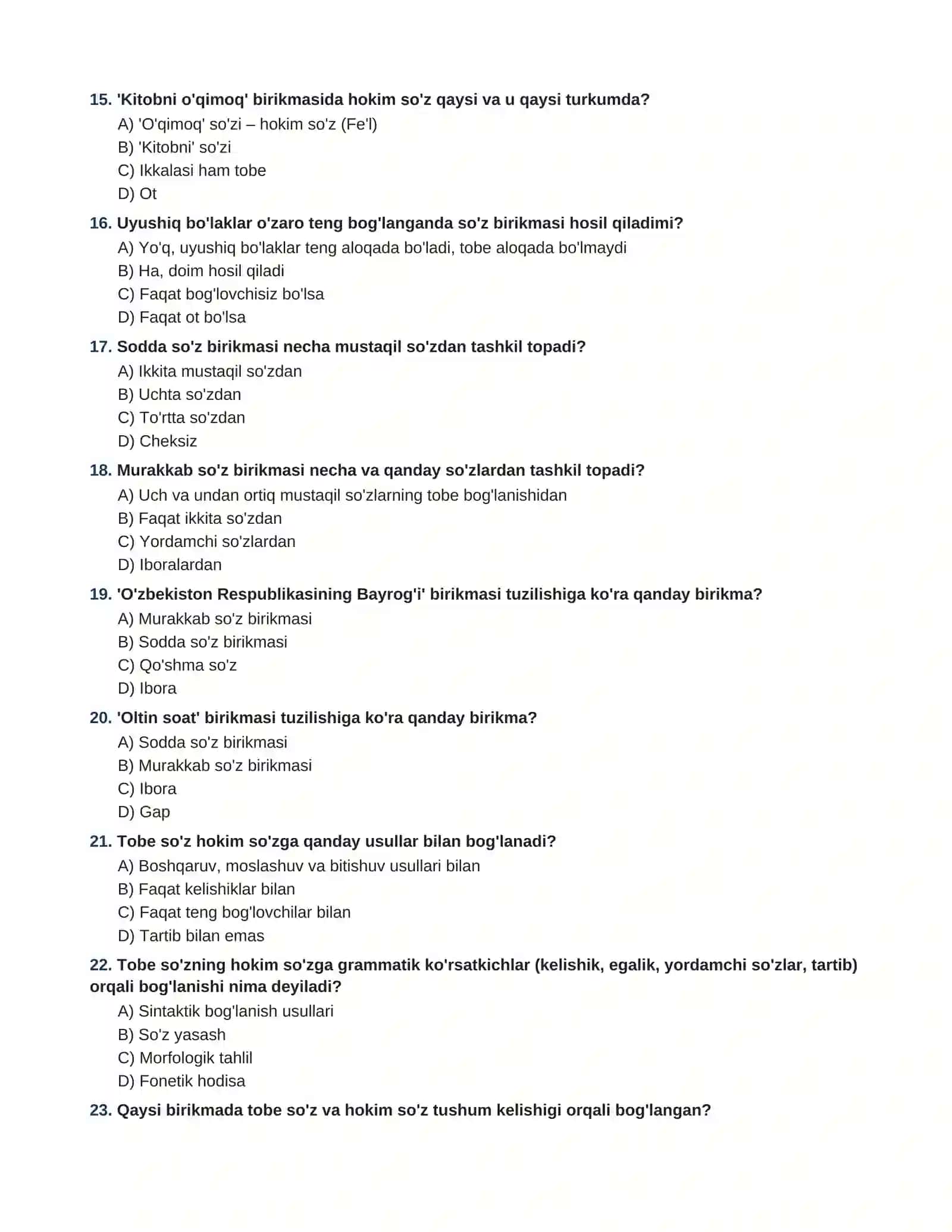 So'z birikmasi mavzusida 100 talik javoblar kaliti bilan test(ona tili) 3