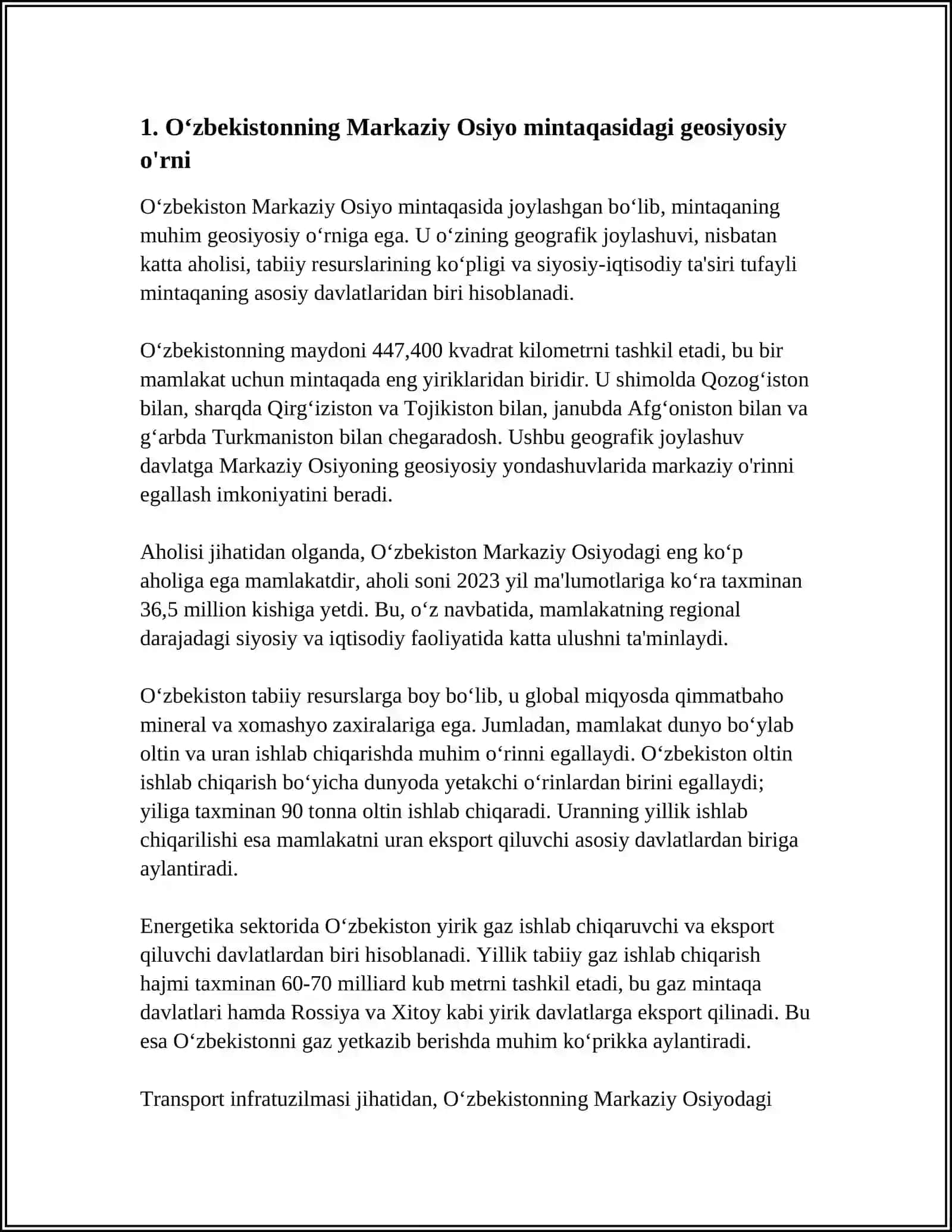 OʻZBEKISTONNING MARKAZIY OSIYODA TINCHLIK BARQARORLIK TAʼMINLASHDAGI OʻRNI 3