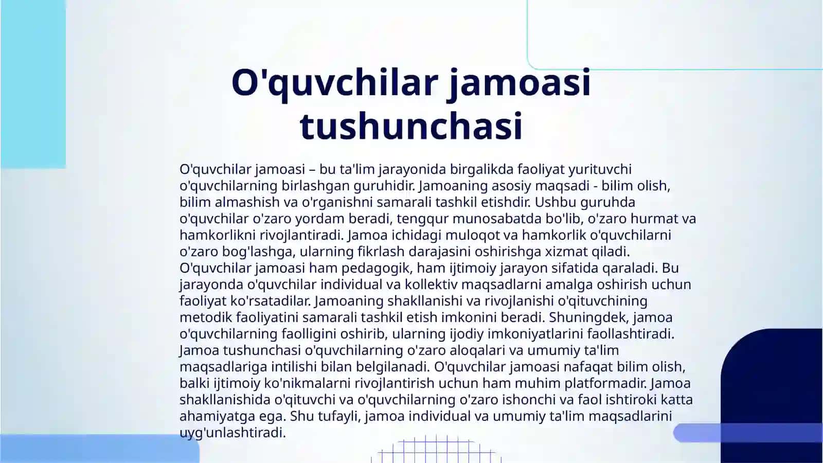 O'QUVCHILAR JAMOASI - YAXLIT PEDAGOGIK JARAYONNING ASOSIY SHAKLI 3