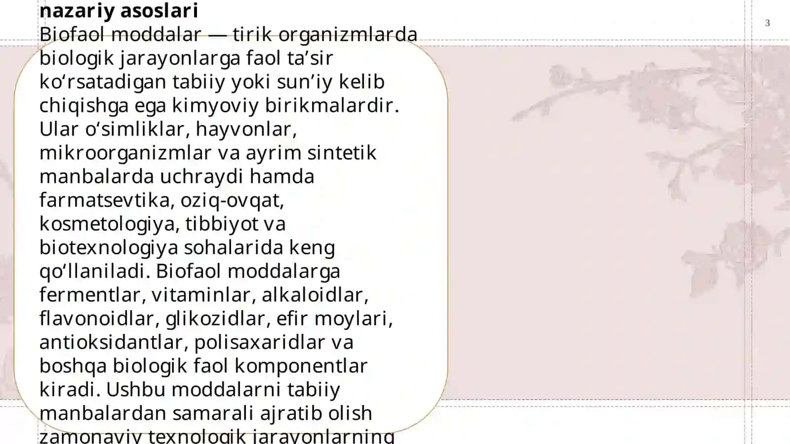 Biofaol moddalarni ajratib olishda qo‘llaniladigan ekstraksiya usullari va ularning texnologik asoslari. 3