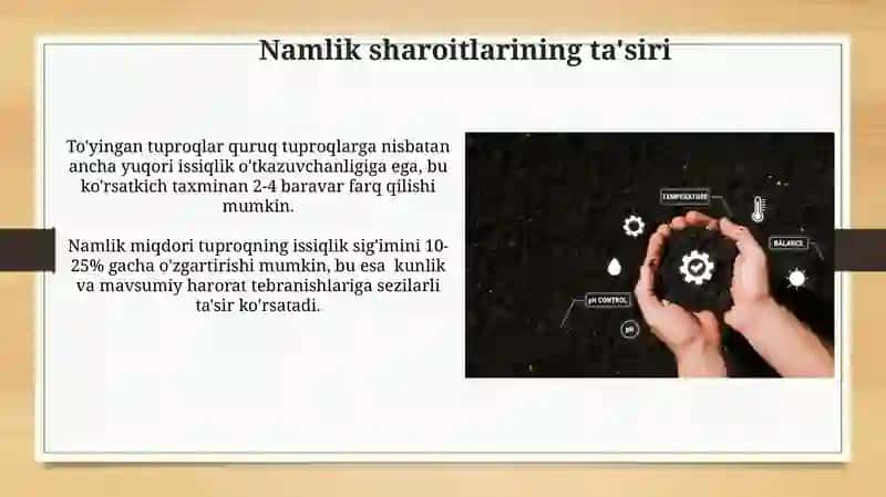Tuproqning firik issiqkik harakteriskalari va ularning namlik sharoitlariga boğlikligi 3