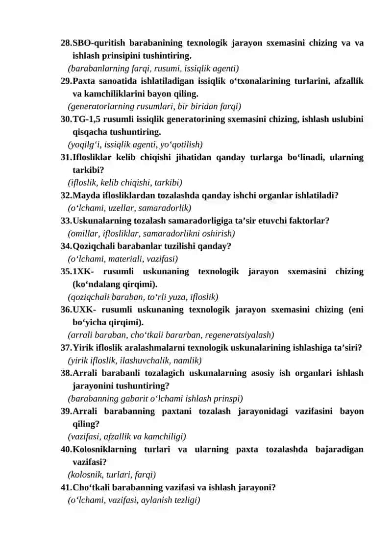 "Paxtani dastlabki ishlash texnologiyasi va jihozlari" fanidan YADA bo‘yicha savollar to‘plami 3