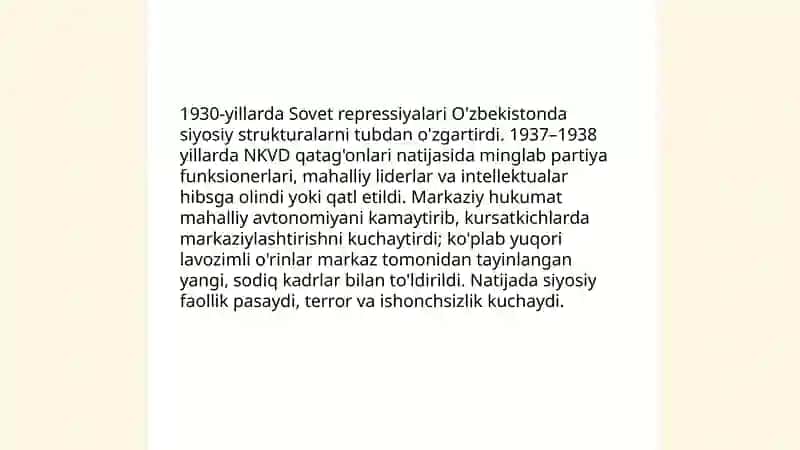 1930-yillarda ommaviy qatag'onlarning avj olishi va uning O'zbekistonga ta'siri 3
