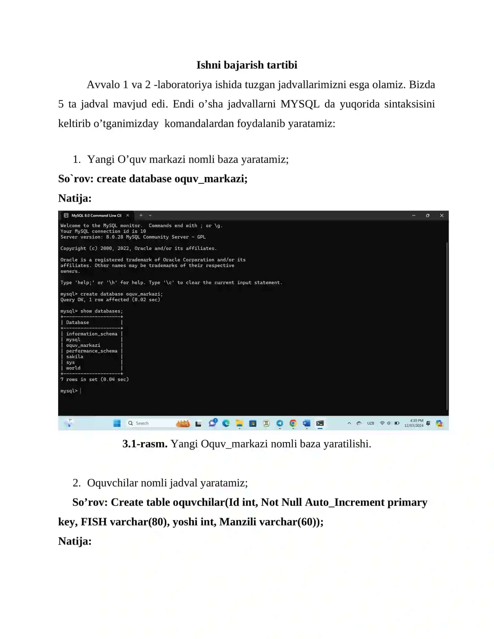 SQL tilida jadvallar yaratish, o‘zgartirish va o‘chirish. Amaliy ish 3