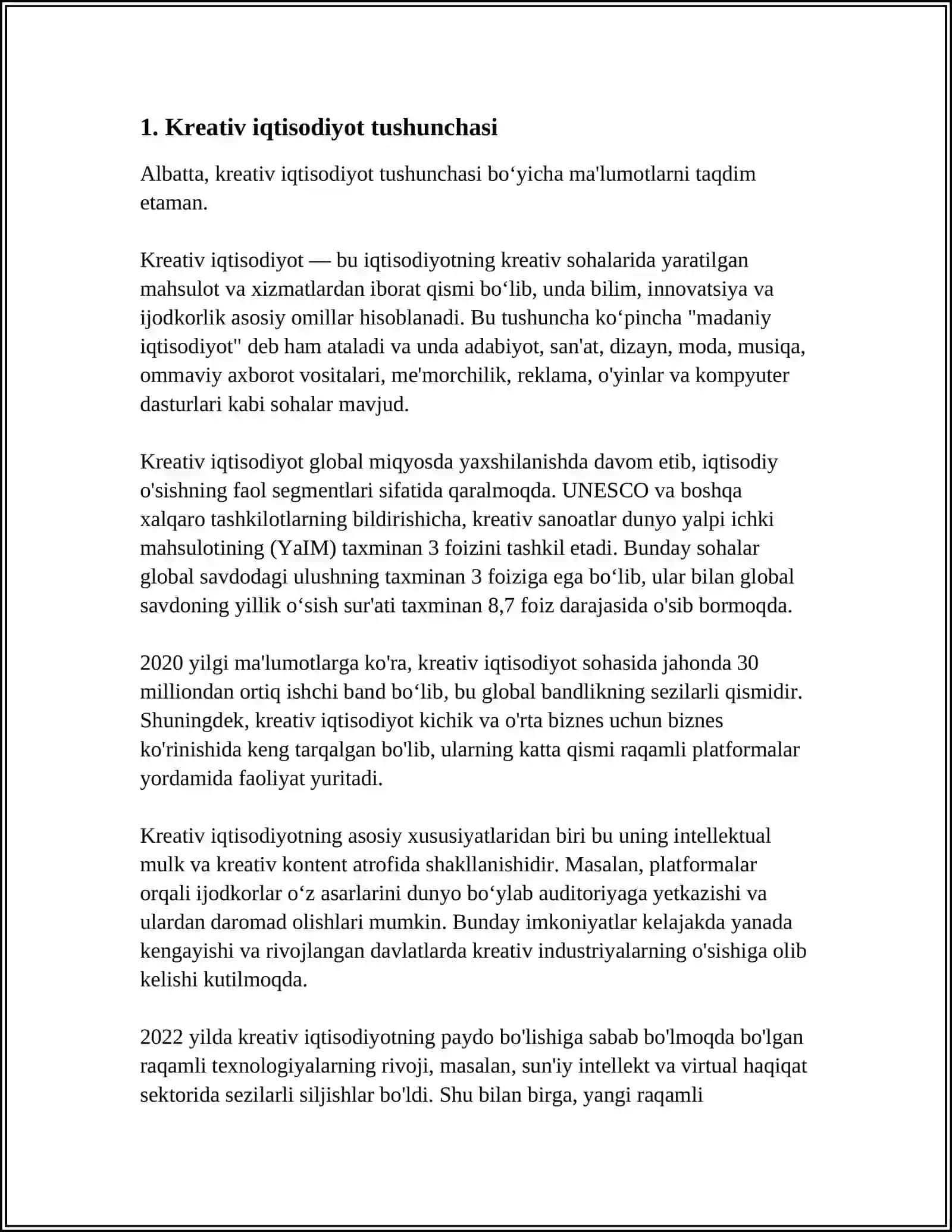 MUSTAQIL ISH Mavzu: KREATIV IQTISODIYOT VA UNING RIVOJLANISH YO'LLARI 3