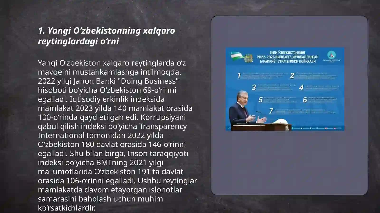 Yangi O‘zbekiston ijtimoiy-siyosiy, iqtisodiy va madaniy hayotida ro‘y berayotgan o‘zgarishlarning xalqaro reyting va indekslarda aks etishi 3