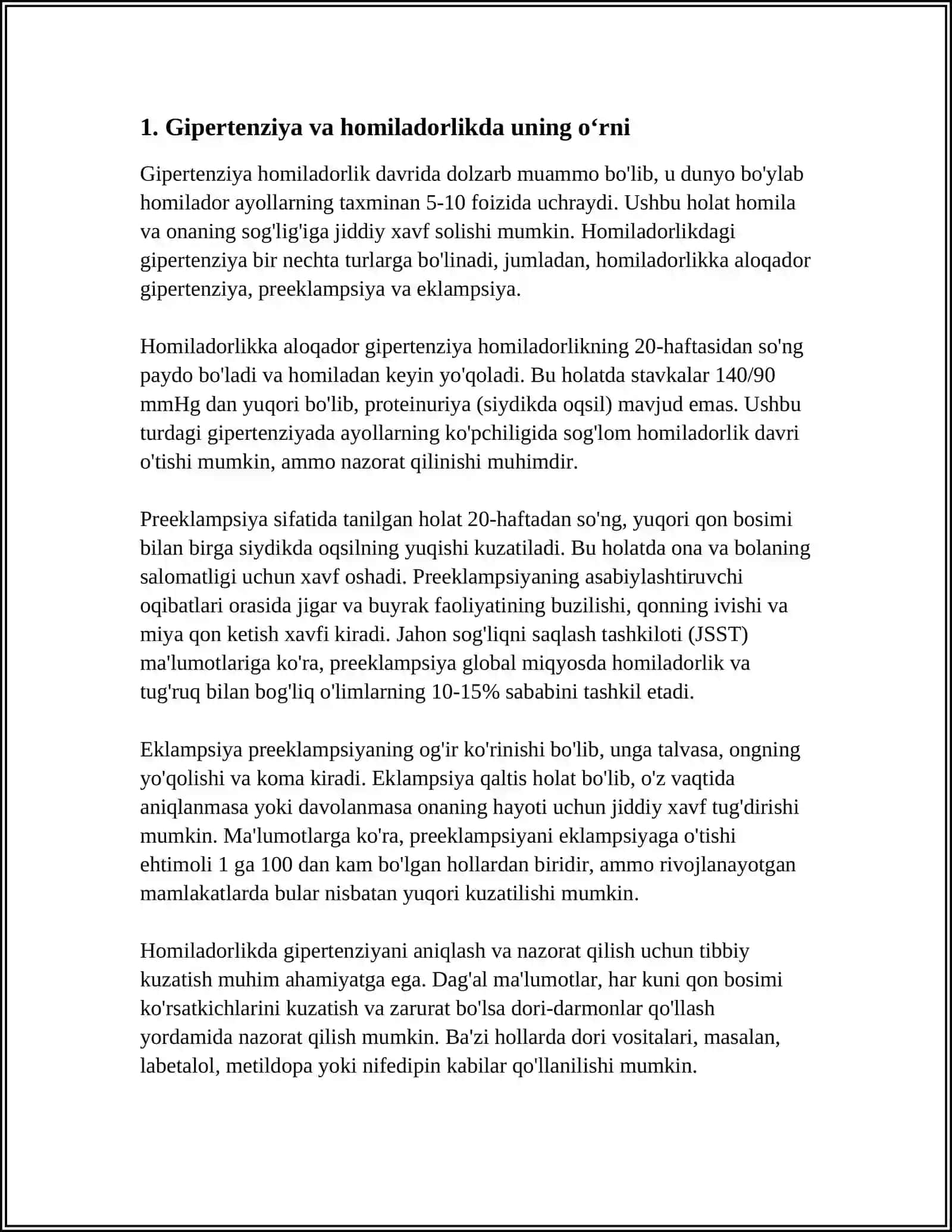 8. XOMILADORLIKDA GIPERTENZIV SINDROM, PREEKLAMPSIYA, EKLAMPSIYA. GIPERTENZIV HOLATLAR TASNIFI. KLINIKASI, TASHXISLASH, ASORATLARI. PREEKLAMPSIYA VA EKLAMPSIYA OG‘IR FORMALARIDA SHOSHILINCH YORDAM KO‘RSATISH. PROFILAKTIKA VA REABILITATSIYA CHORALARI 3