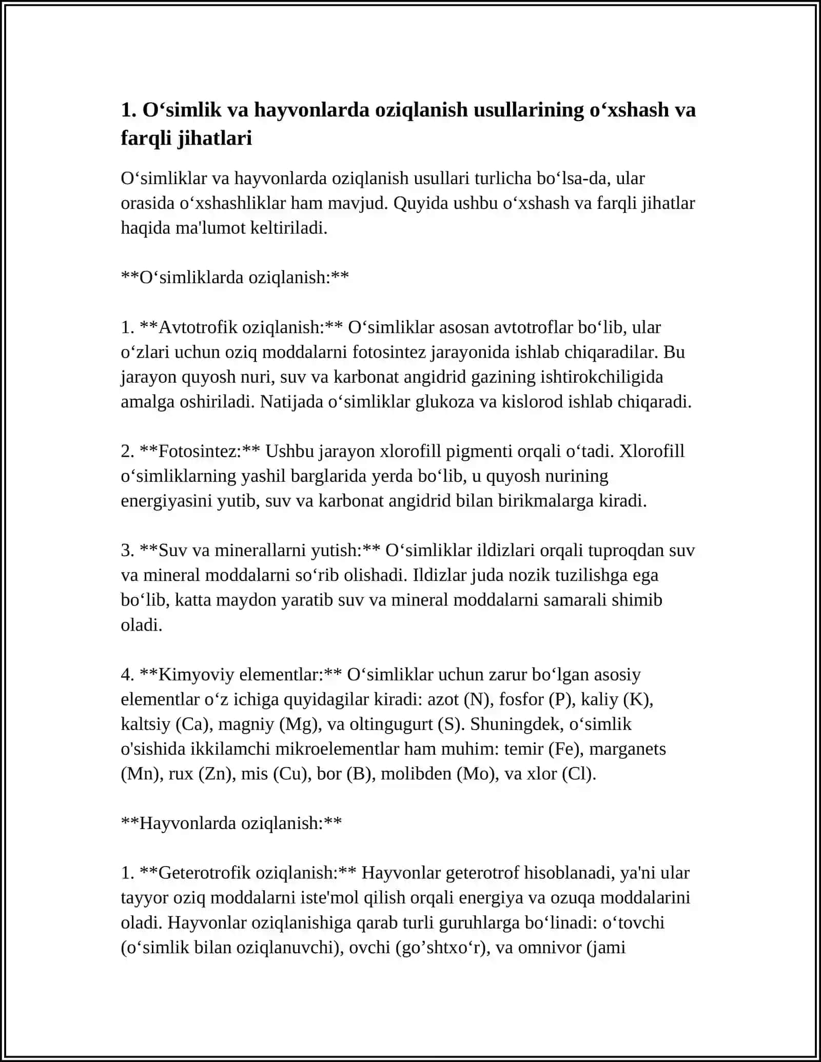 OʻSIMLIK VA HAYVONLARNING OʻXSHASH VA FARQLI JIHATLARI 3