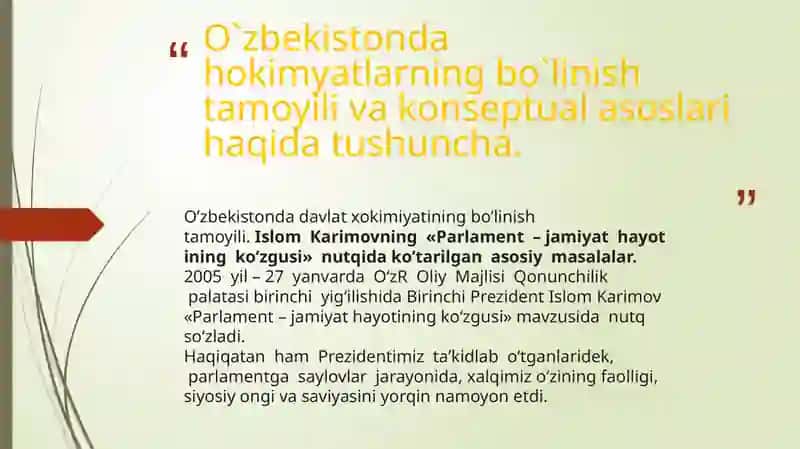 O`zbekistonda hokimyatlarning bo`linish tamoyili va konseptual asoslari. O`zbekistonda davlat boshqaruvi va fuqarolik jamiyati institutlari o`zaro munosabatlari. O`zbekistonda ekologik muammolarni bartaraf etishning konseptual asoslari. O`zbekistonda axborot sohasini isloh qilish, so`z va axborot erkinligi. OAV faoliyati. O`zbekistonda Tibbiy turizmni rivojlantirish maqsadlari. Xalq qabulxonalari ijtimoiy institut sifatida. 3