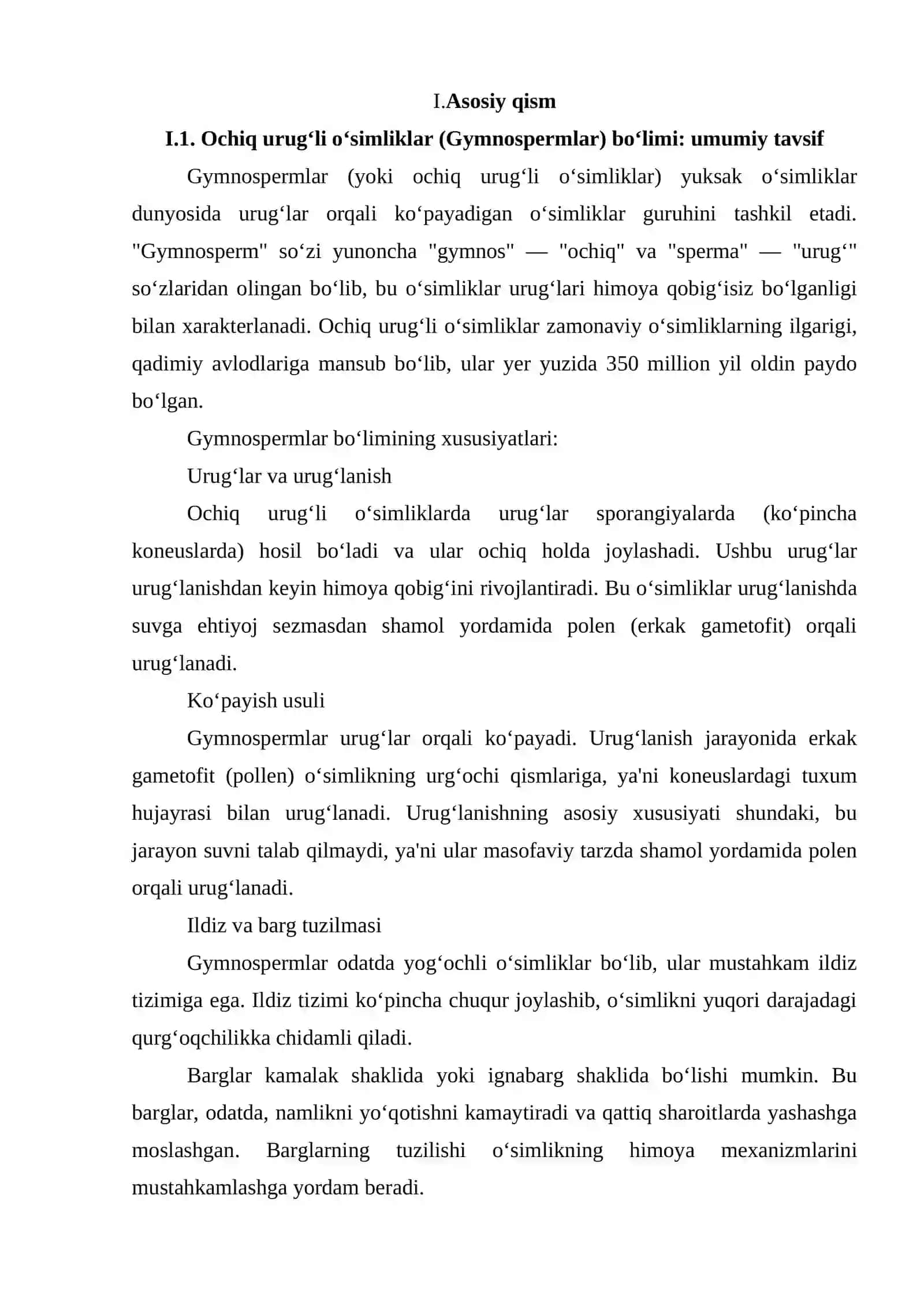 Ochiq urug'lilar (qarag'aylar) bo'limining o'ziga xos belgilari, ko'payishi va tarqalishi 3
