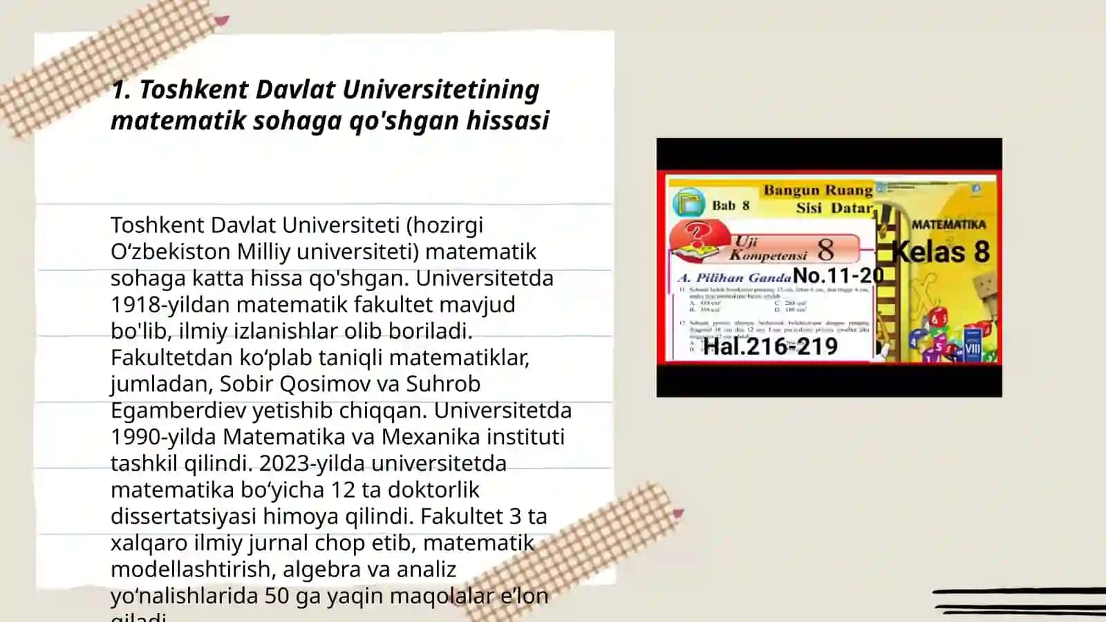 Oʻzbekistonda, oʻzbek olimlarining elementar matematika va matematika sohalarining rivojlanishiga qoʻshgan hissasi 3