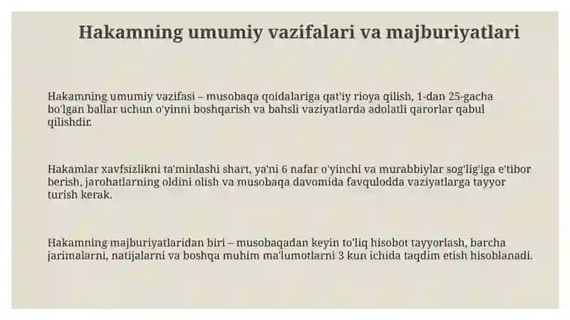 Valebol musobaqalarini tashkil etish va o'tkazishda hakamlarni vazifalari huquq va majburiyatlari 3