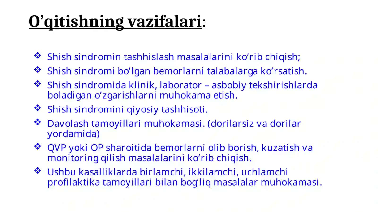 Shish sindromi. Turli etiologiyali (mahalliy  - allergik, tomirli, yallig’langan; umumiy – qon aylanishi yetishmovchiligi, buyrakka aloqador, endokrin, ochlik oqibatida) 3