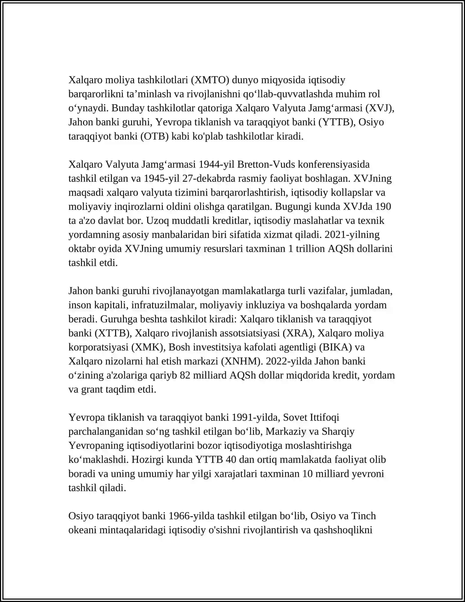 XALQARO MOLIYA TASHKILOTLARINING JAHON XO'JALIGINI RIVOJLANTIRISHDAGI O'RNI 3