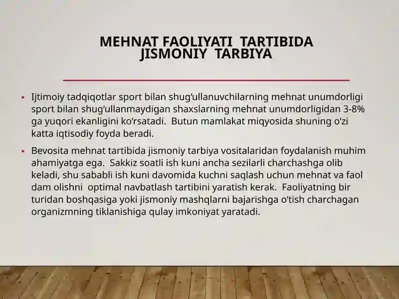 Mehnatni RATSİONAL TASHKIL QİLİSH TİZİMİ DAVINISMONİY TARBIYA 3