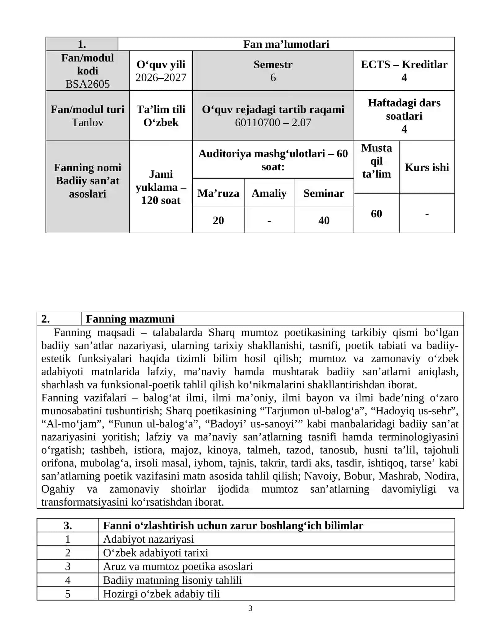 Badiiy san’at asoslari fanidan o‘quv dasturi 3
