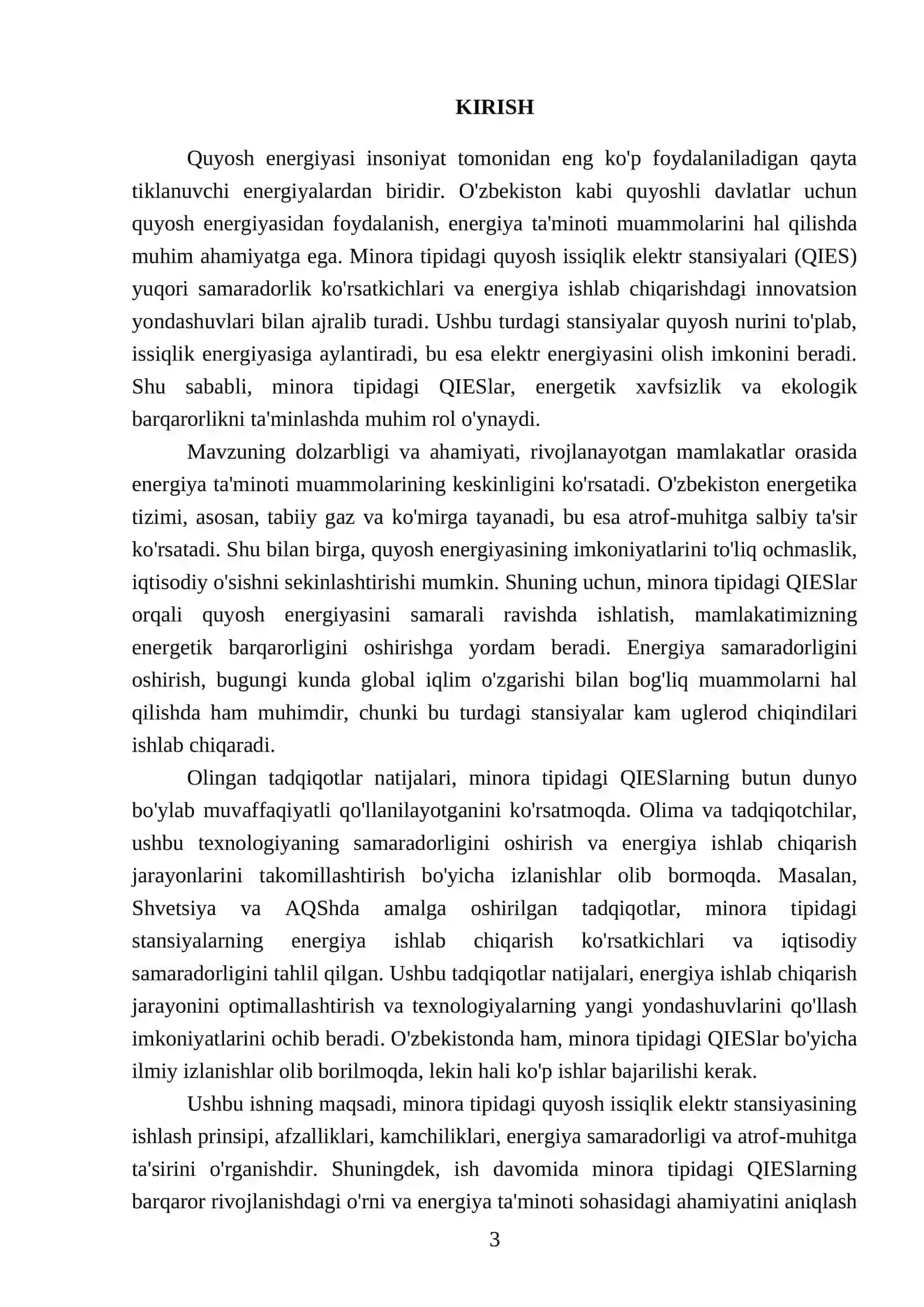 Minora tipidagi quyosh issiqlik elektr stansiyasi (QIES) 3