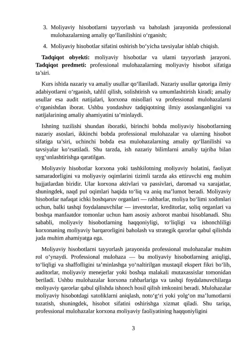 Moliyaviy hisobotni tayyorlashda professional mulohazalarning o`rni 3