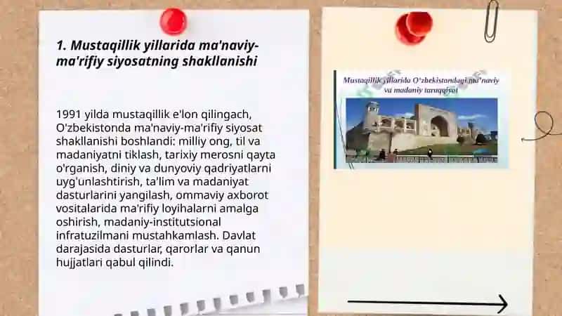 Mustaqillik yillarida O'zbekistondagi ma'naviy va madaniy taraqqiyot 3