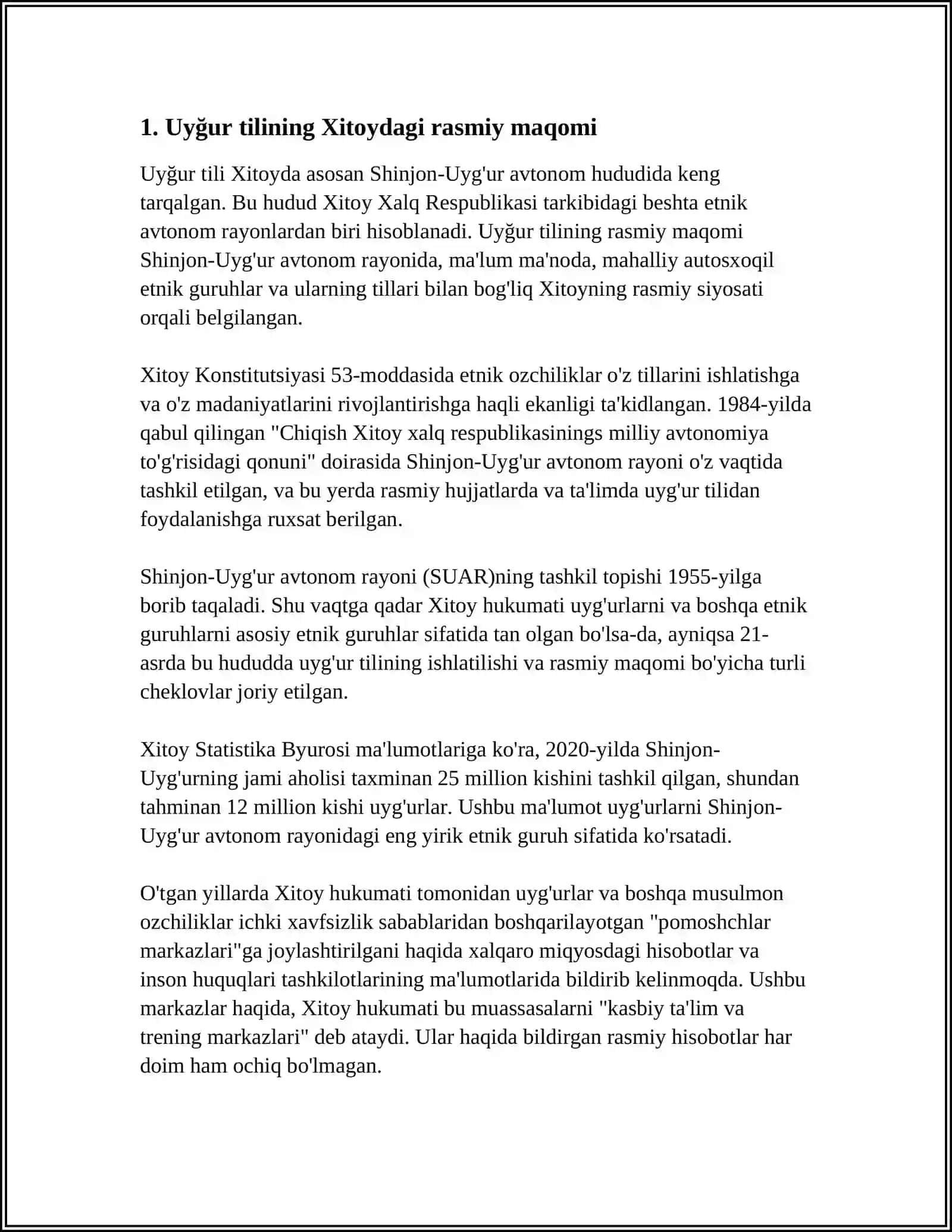 UYGʻUR TILINING XITOY VA MARKAZIY OSIYODAGI ZAMONAVIY HOLATI. MADANIY MAVZULAR 3