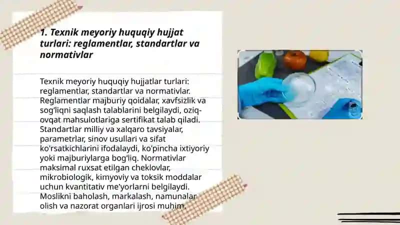 Oziq-ovqat xavfsizligida texnik meyoriy huquqiy hujjatlarning turlari va ularga qoʻyilgan talablar Tibbiy profilaktika fakulteti 3