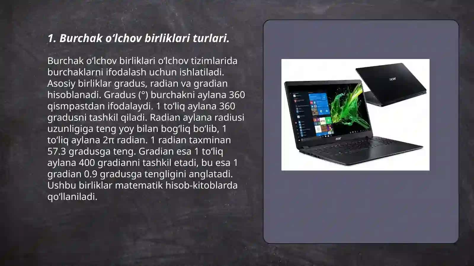 Burchak o‘lchovlari turlarini o‘rganish va har bir o‘lchov turining qo‘llanilish sohasini aniqlash, o‘lchovlar bo‘yicha taklif berish 3