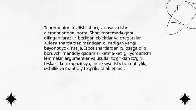 Teoremaning tuzilishi va turlari Matematik isbotlash usullari tòģri va notòģri muhokamalar 3