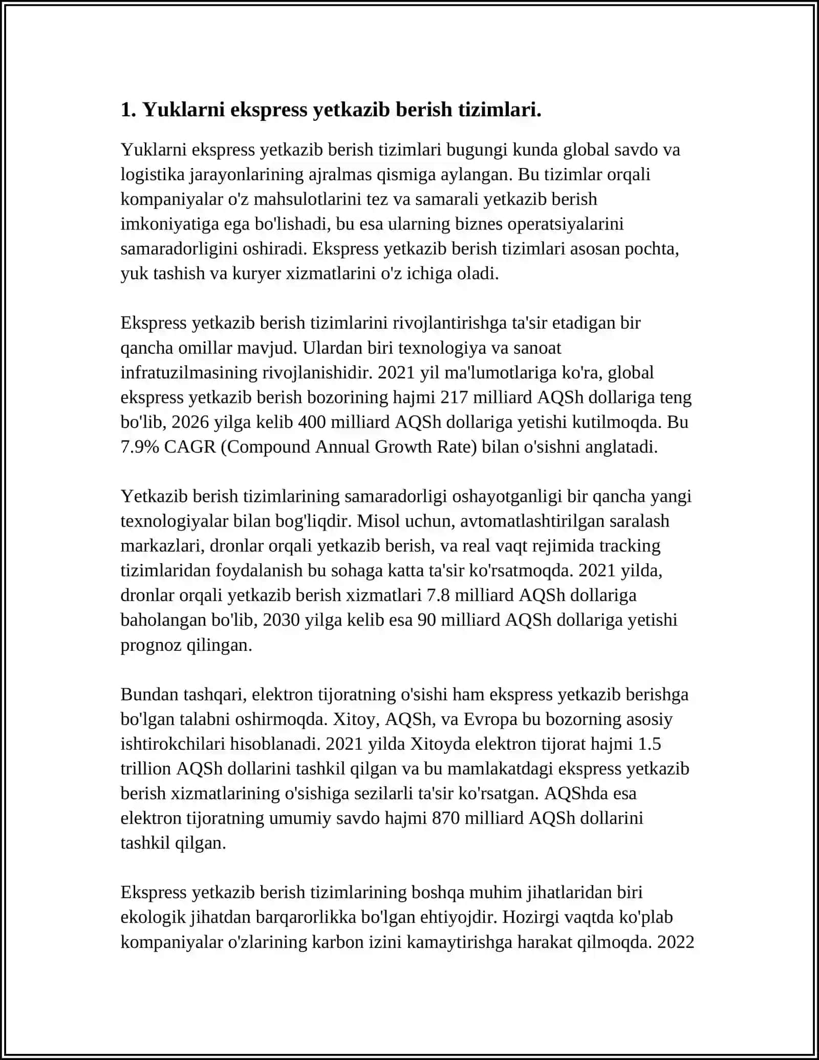 YUKLARNI VA POCHTANI EKSPRESS YETKAZISH SXEMALARINI ISHLAB CHIQISH (LOYIHA SIFATIDA) 3