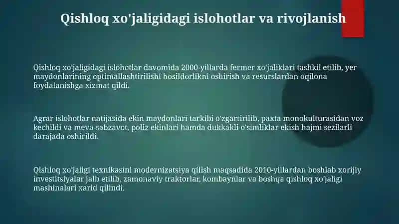 Mustaqillik yillarda qishloq xo‘jaligi va sanoat sohasidagi o‘zgarishlar 3