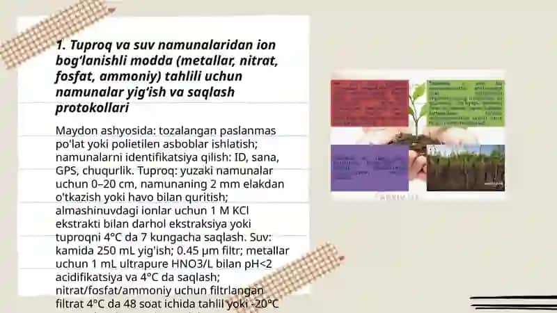 Tuproq va suvning ifloslanishida ion bogʻlanishli birikmalarni aniqlab ulardan tozalash usulini ishlab chiqarish 3