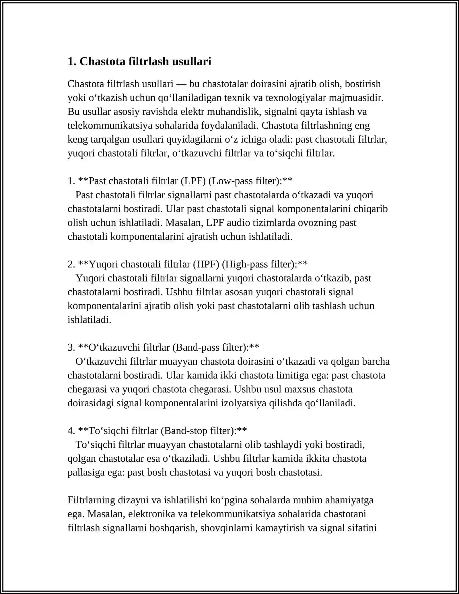 KANAL SIGNALLARINI AJRATISH USULLARI: CHASTOTA BOʻYICHA AJRATISH USULI 3