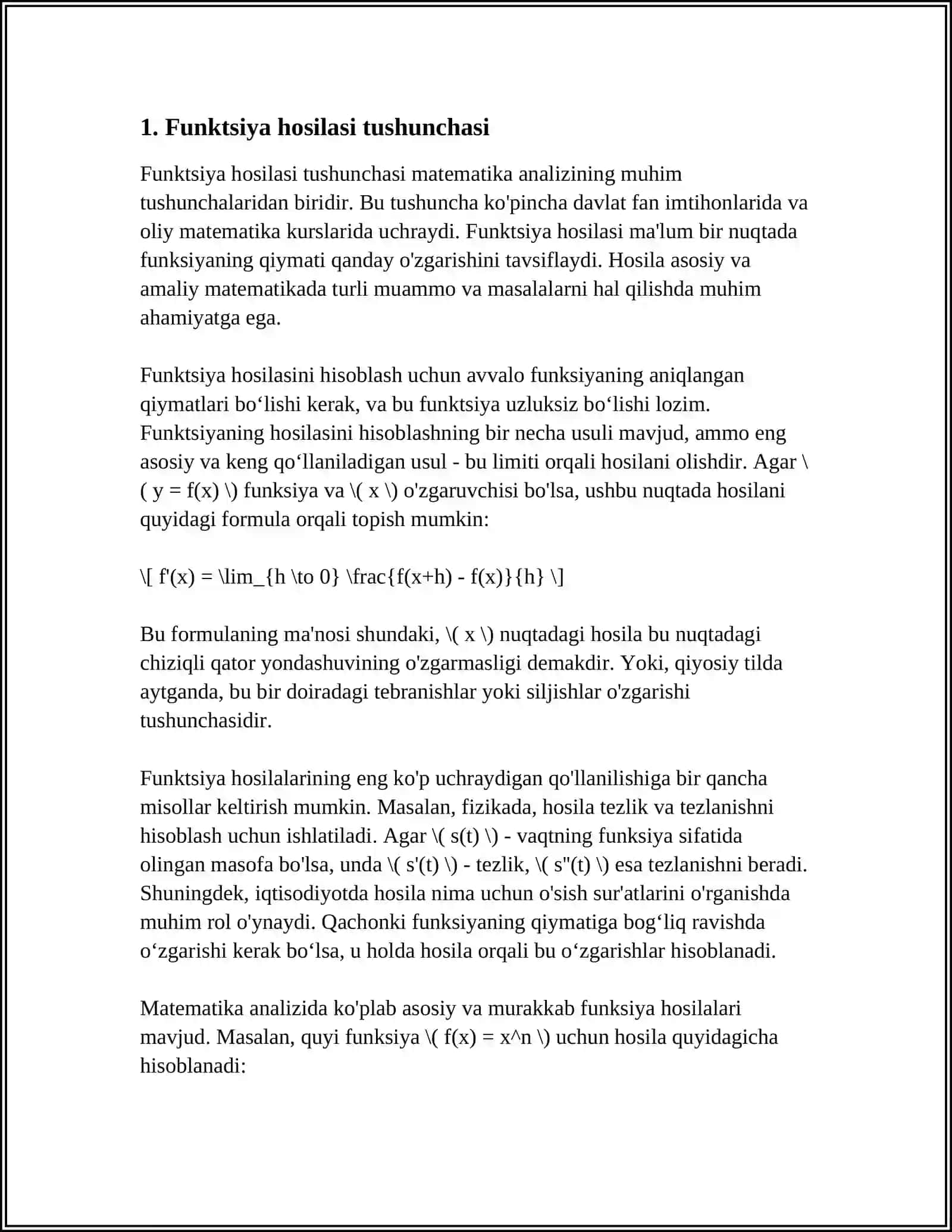FUNKSIYA HOSILASI VA UNING GEOMETRIK MANOSI. HOSILALAR JADVALI 3