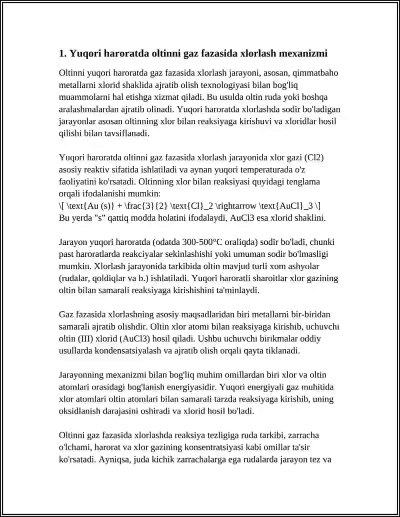 OLTIN VA KUMUSHNI GAZ FAZASIGA YUQORI HARORATDA XLORLAB HAYDASH 3
