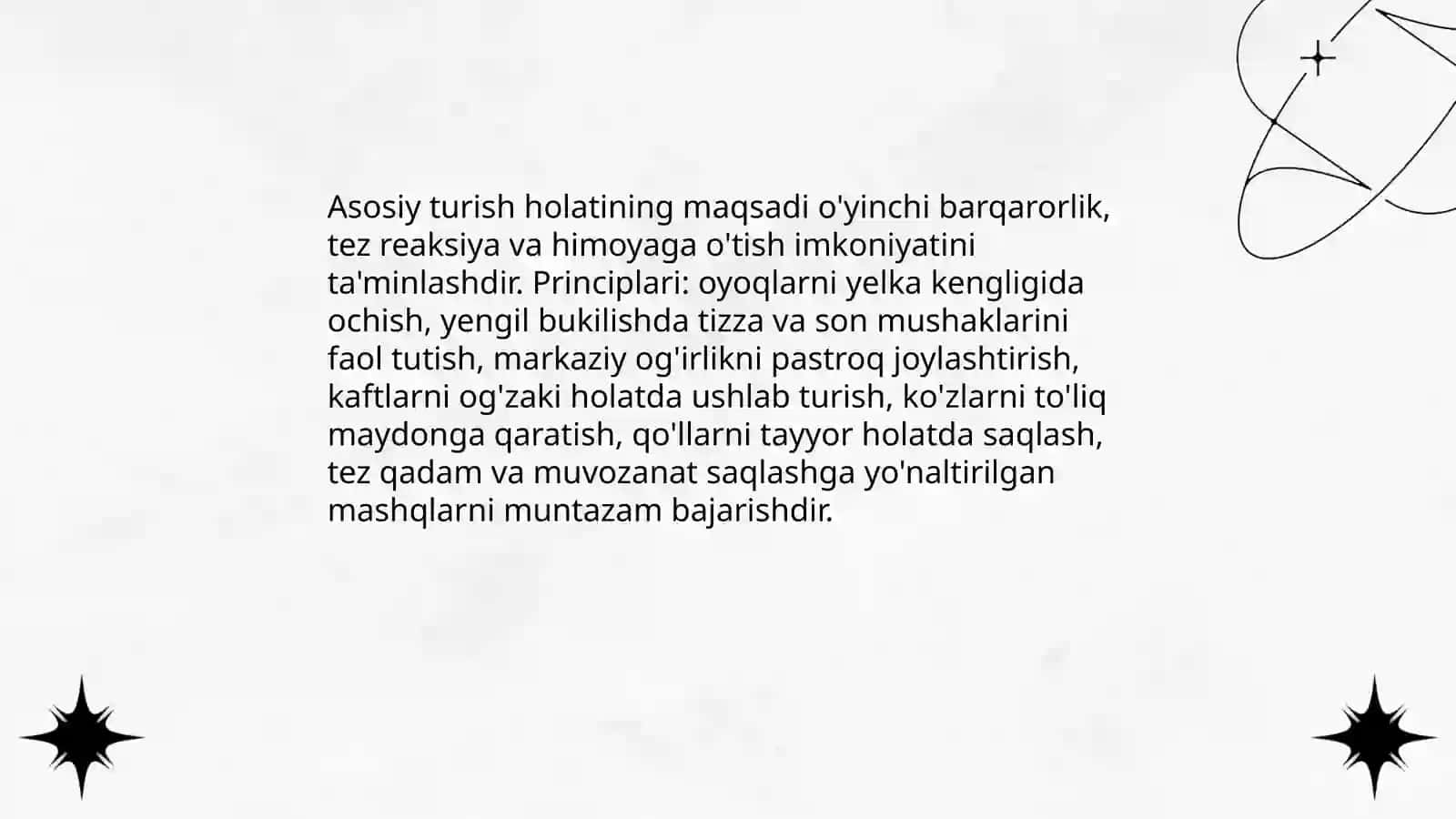 Basketbol o'yinida asosiy turish holati, himoya xolati harakatlanish texnikasi 3
