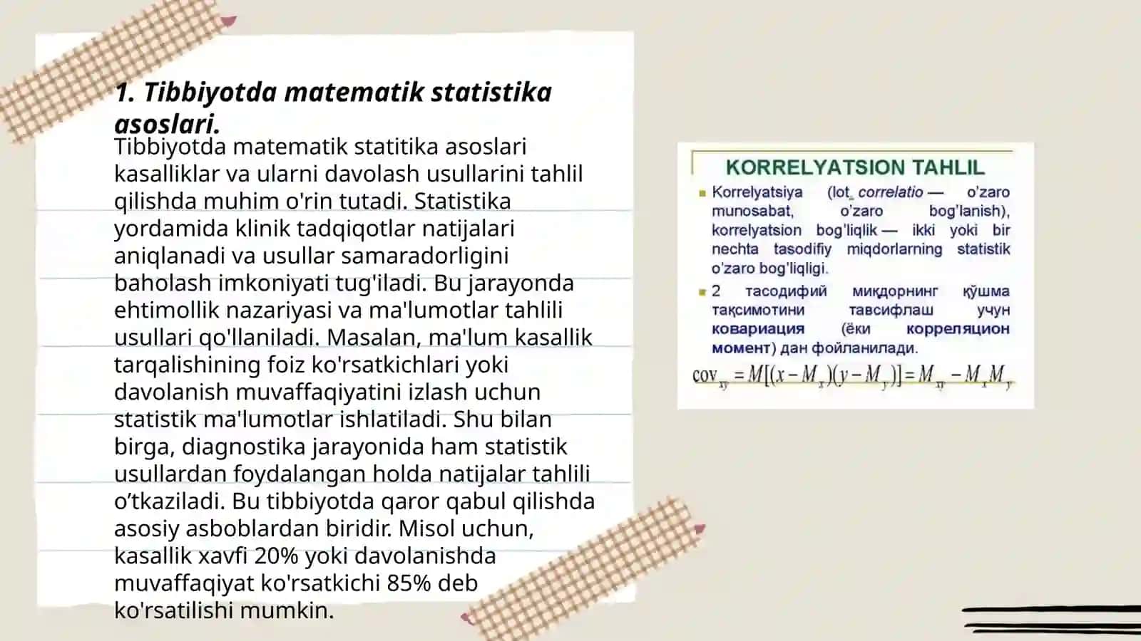 Tibbiy biologik masalalarni yechishda matematik statistika elementlaridan foydalanish,Korrelyatsion boĝlanishlar va regressiya tenglamasi.Tibbiyotda matematik rejalashtirish uslublarini òrganish.Fizik va matematik modellashtirish,olingan natijalar asosida prognos qilish 3