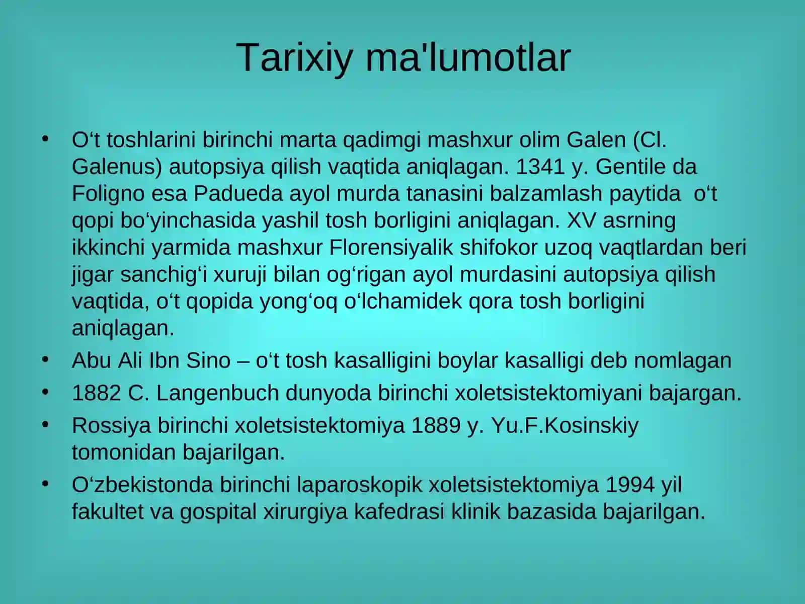 O‘T-TOSH KASALLIKLARI.SURUNKALI VA O‘TKIR TOSHLI XOLETSISTIT VA UNING ASORATLARI 3