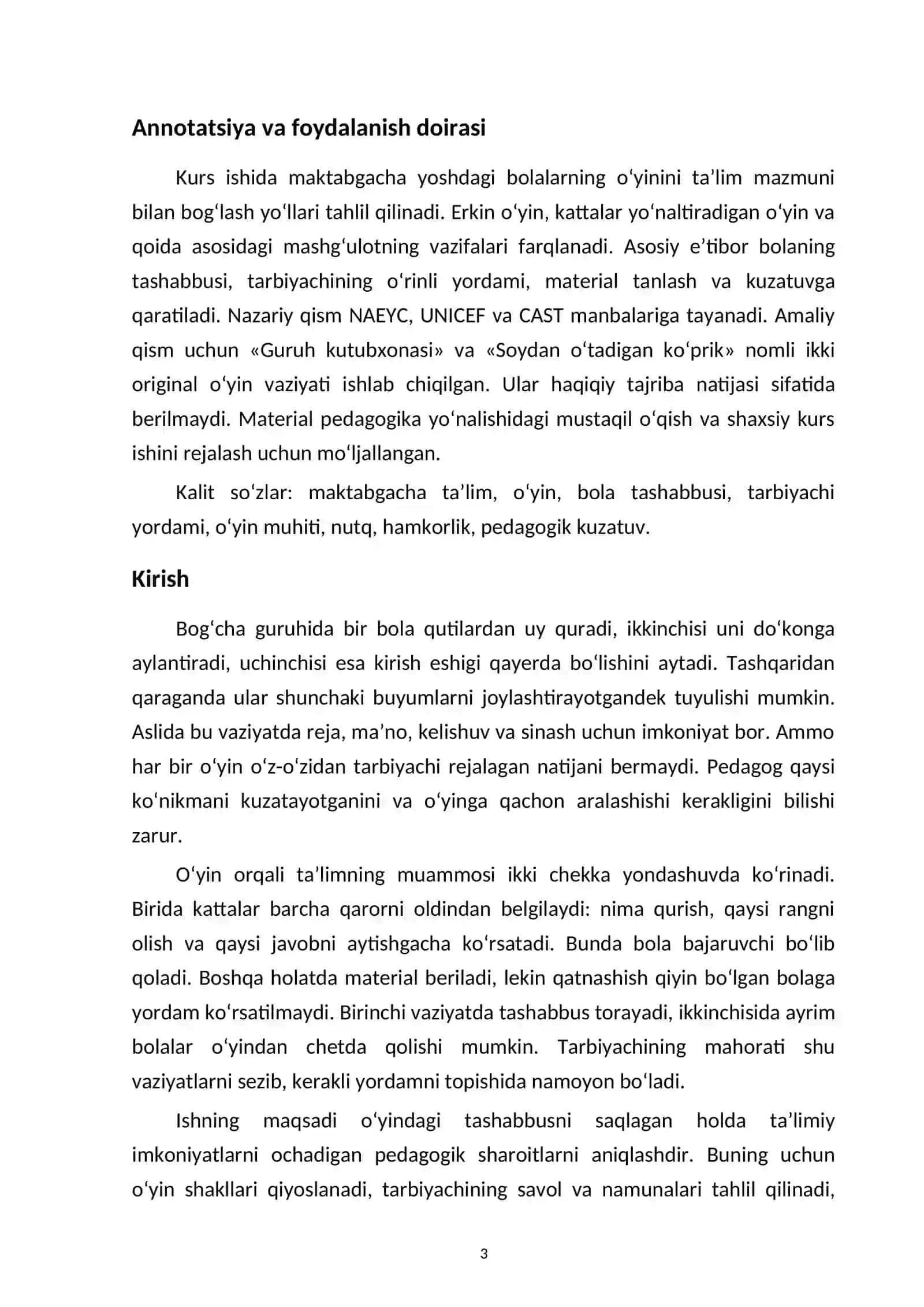 Maktabgacha yoshda o‘yin orqali ta’limni tashkil etish — kurs ishi namunasi 3