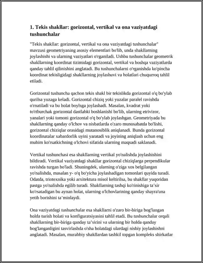 TEKIS SHAKL GORIZONTAL VERTIKAL VA ONA VAZIYATDAGI TO'RTBURCHAK KO'PBURCHAK AYLANA G'ARBNING PERSPEKTIVASINI YASASH 3