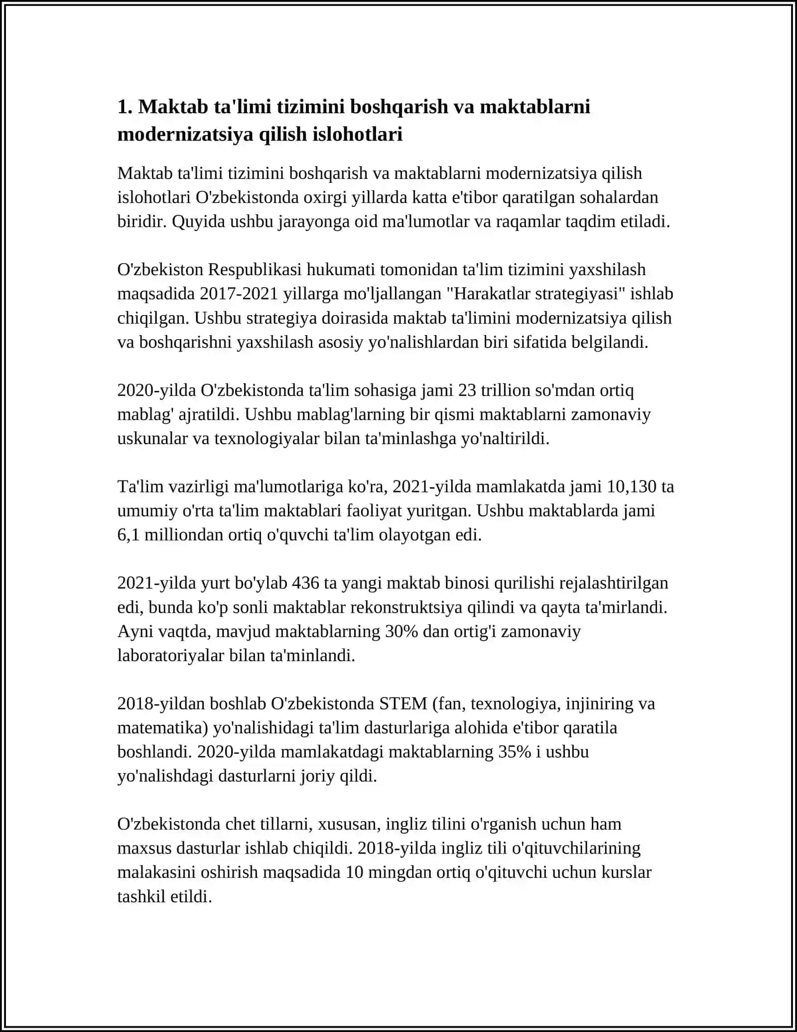O'ZBEKISTON RESPUBLIKASIDA TA'LIM SOHASIDA AMALGA OSHIRILGAN ISLOHOTLAR 3