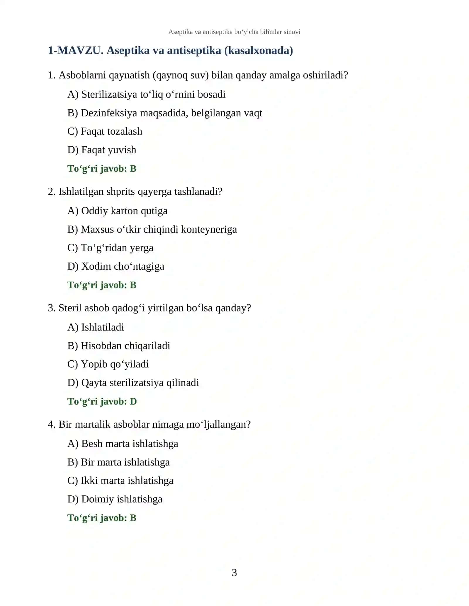 Aseptika va antiseptika bo‘yicha bilimlar sinovi 3