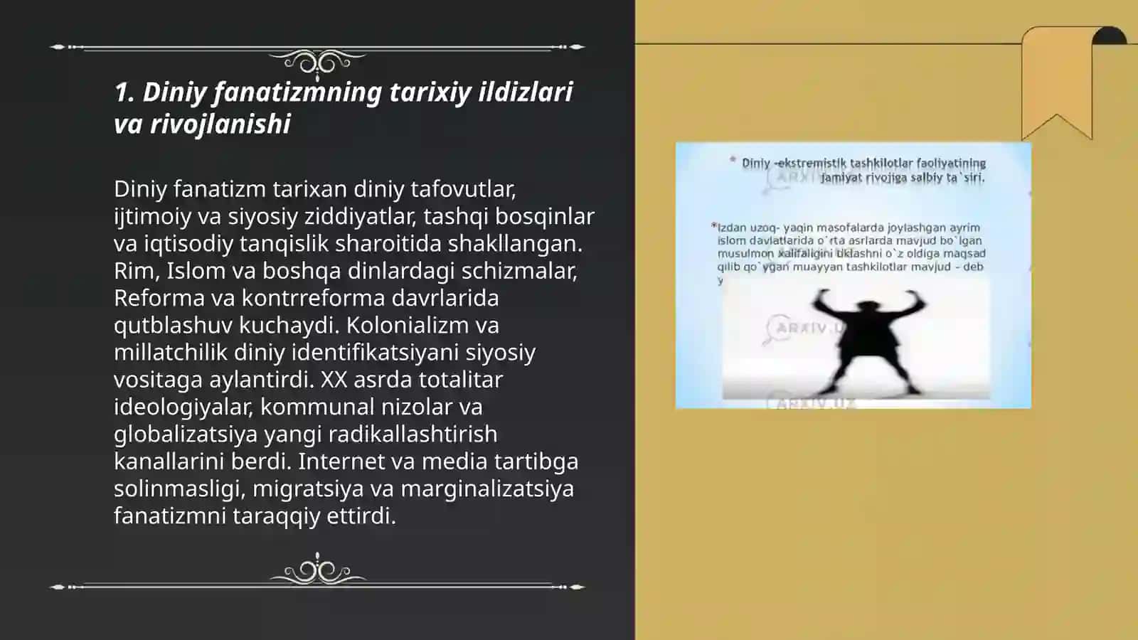 Diniy fanatizm ekstremizm fundamentalizm terrorizmning tarixi va ularning hozirgi davrda xavfsizlikga tahdidi 3