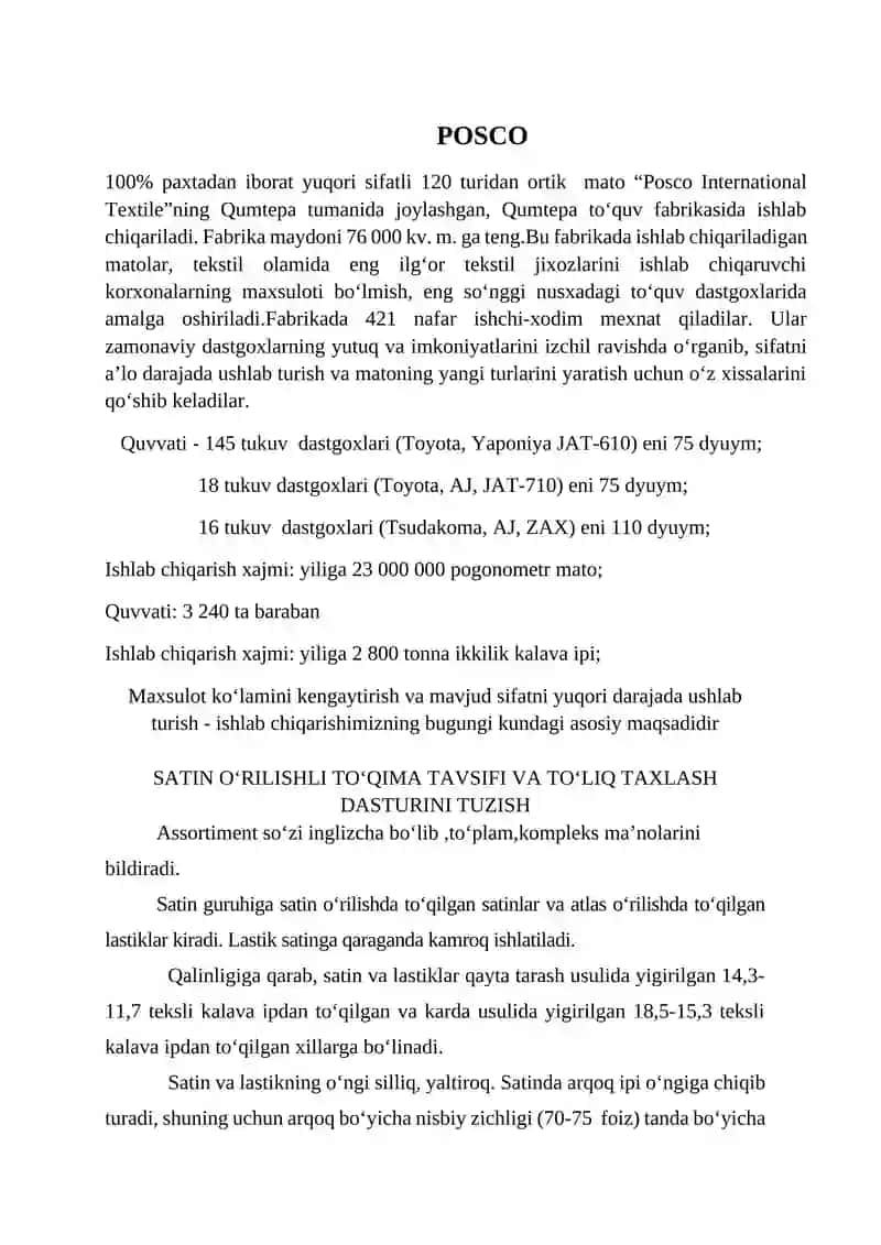 Andijon viloyati Buloqboshi tumanida satin assortimentdagi to’qima ishlab chiqarish korxonasini loyihalash 3