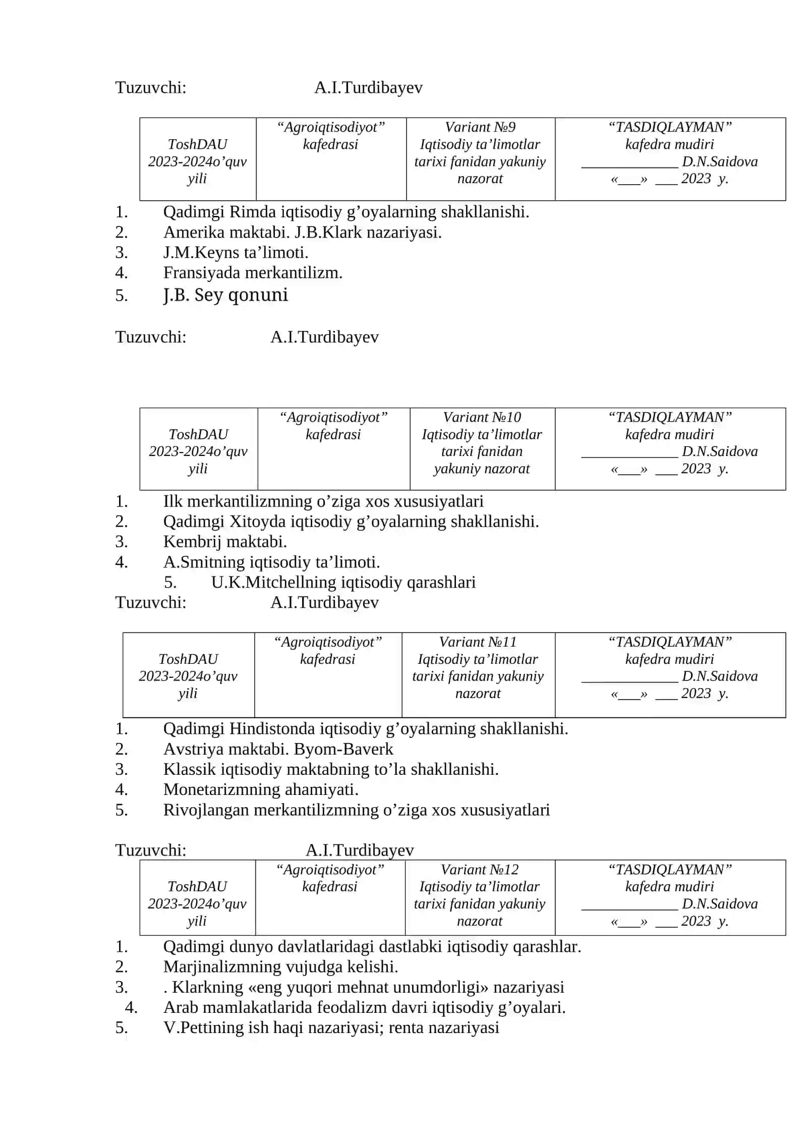 Iqtisodiy ta’limotlar tarixi nazorati 3